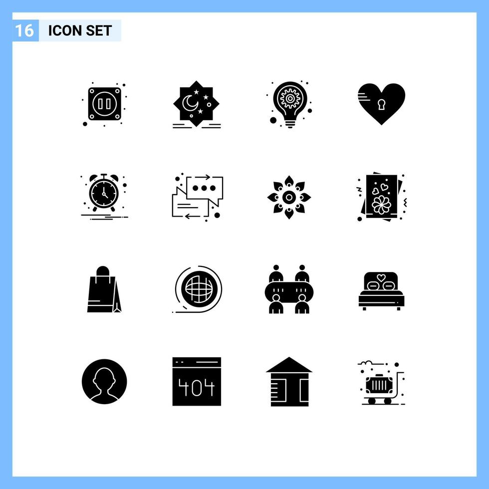 Group of 16 Modern Solid Glyphs Set for alarm love bulb heart lock Editable Vector Design Elements