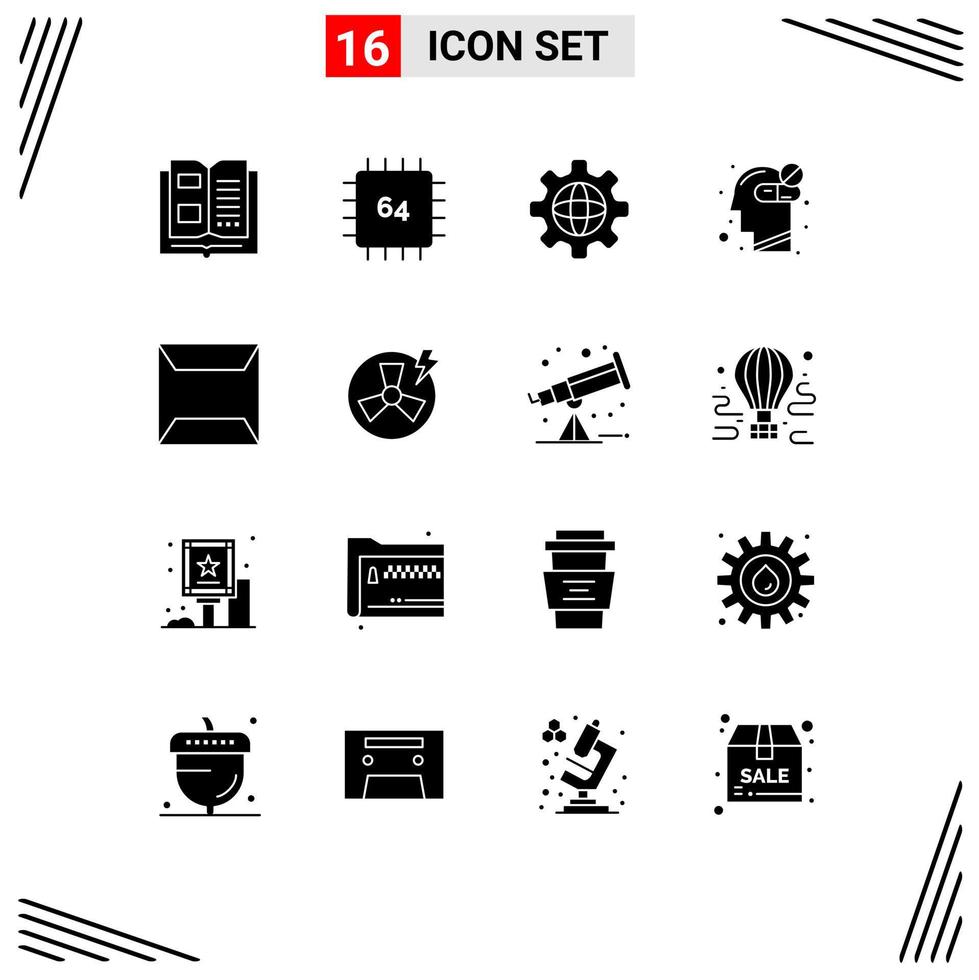 16 User Interface Solid Glyph Pack of modern Signs and Symbols of envelope medicine hardware healthy human mind Editable Vector Design Elements