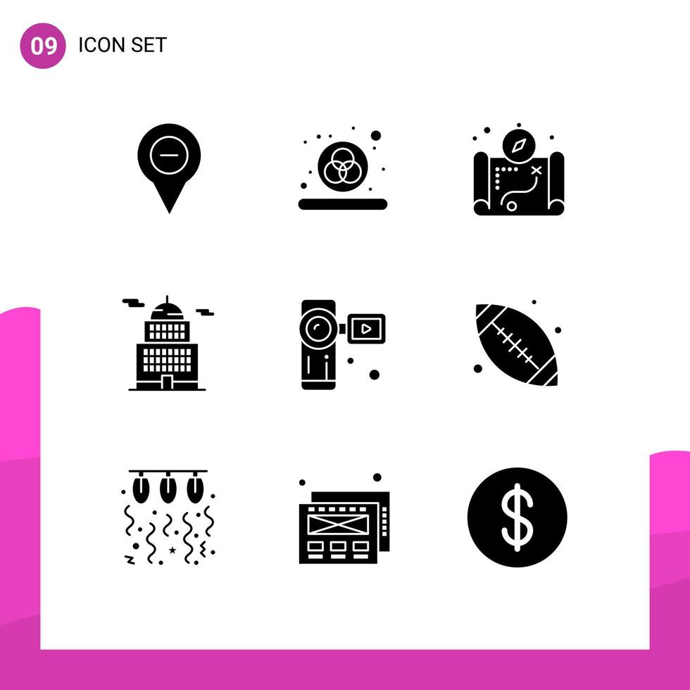 Set of 9 Modern UI Icons Symbols Signs for video camcorder map museum building Editable Vector Design Elements