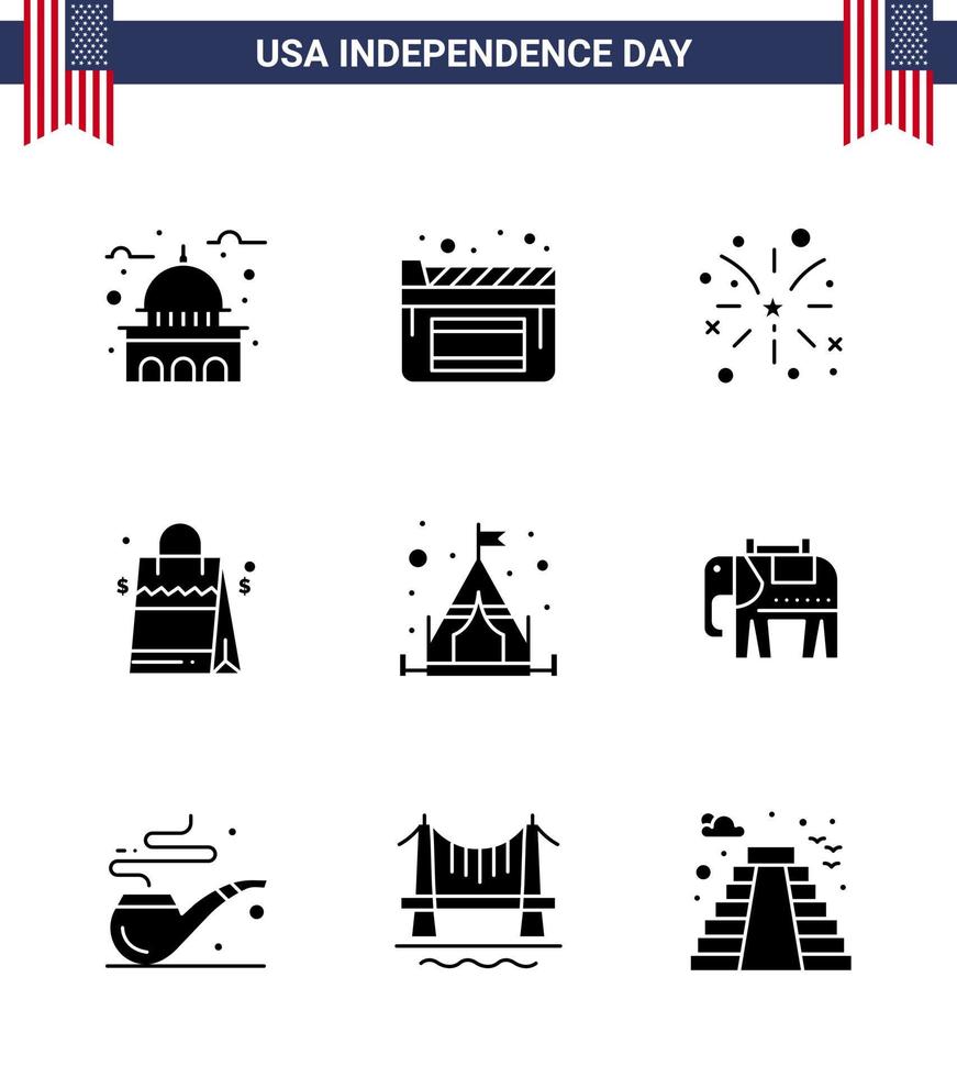 Big Pack of 9 USA Happy Independence Day USA Vector Solid Glyphs and Editable Symbols of camping american firework usa bag Editable USA Day Vector Design Elements