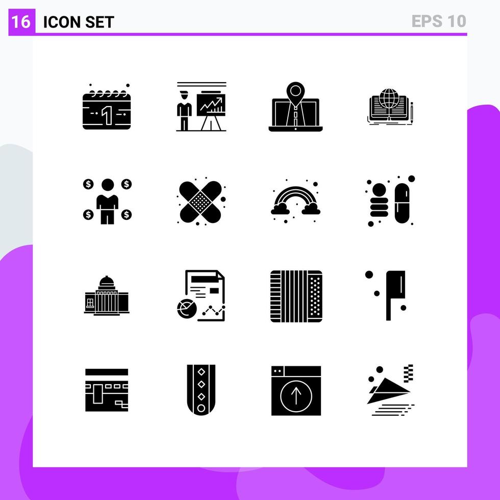 Group of 16 Solid Glyphs Signs and Symbols for theory book navigation novel route Editable Vector Design Elements