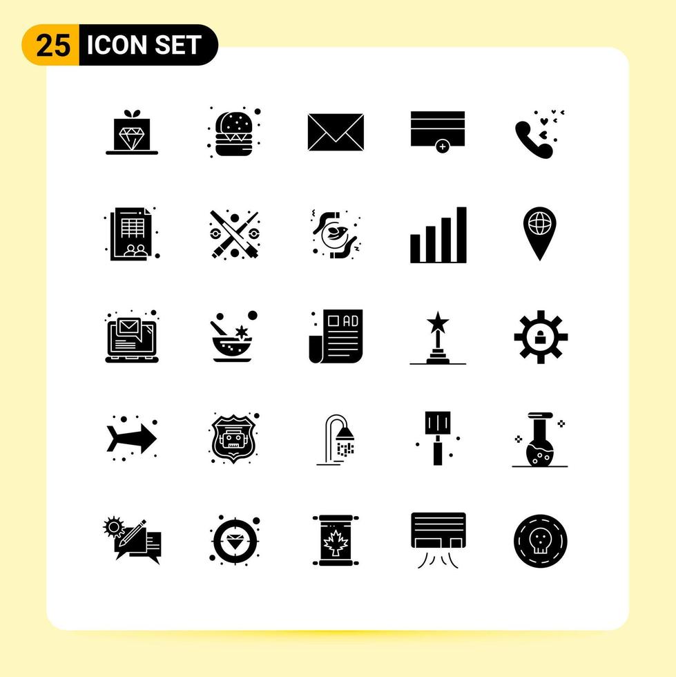Mobile Interface Solid Glyph Set of 25 Pictograms of love no contact payments finance Editable Vector Design Elements