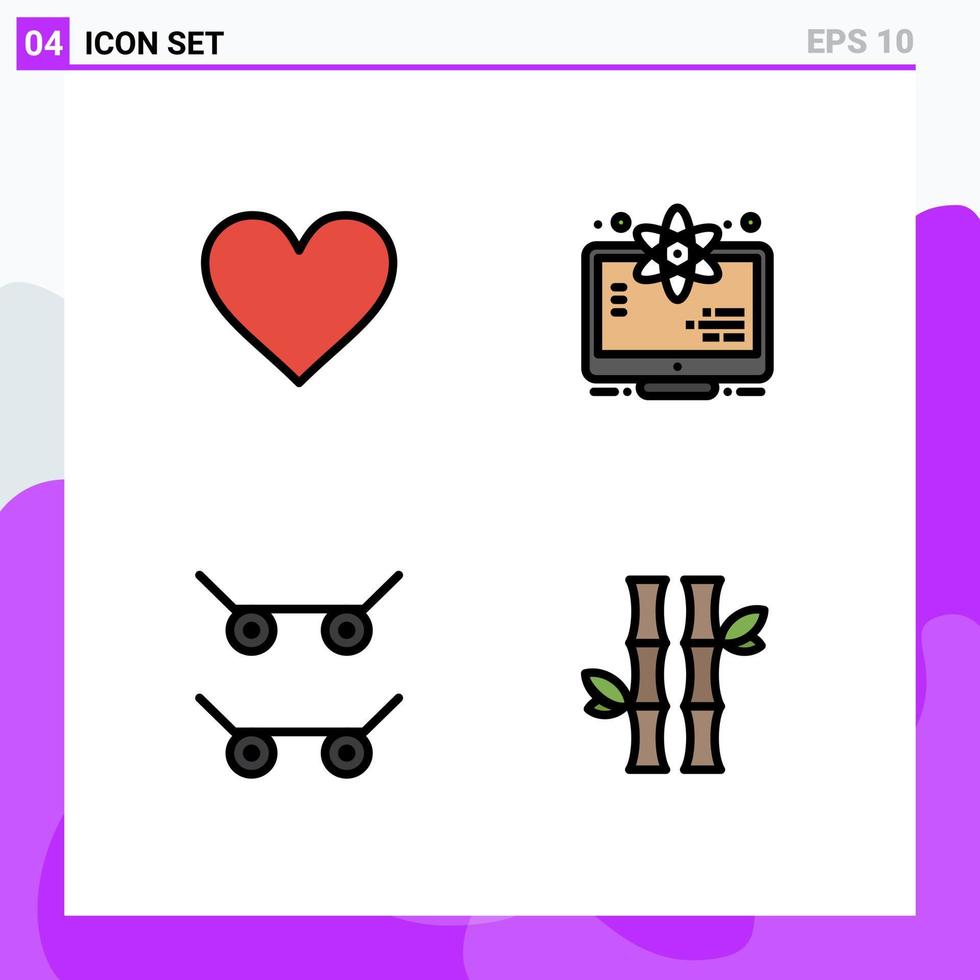 Group of 4 Modern Filledline Flat Colors Set for heart skateboard favorite monitor bamboo Editable Vector Design Elements