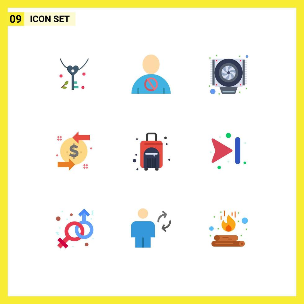 9 User Interface Flat Color Pack of modern Signs and Symbols of summer investment human dollar back Editable Vector Design Elements