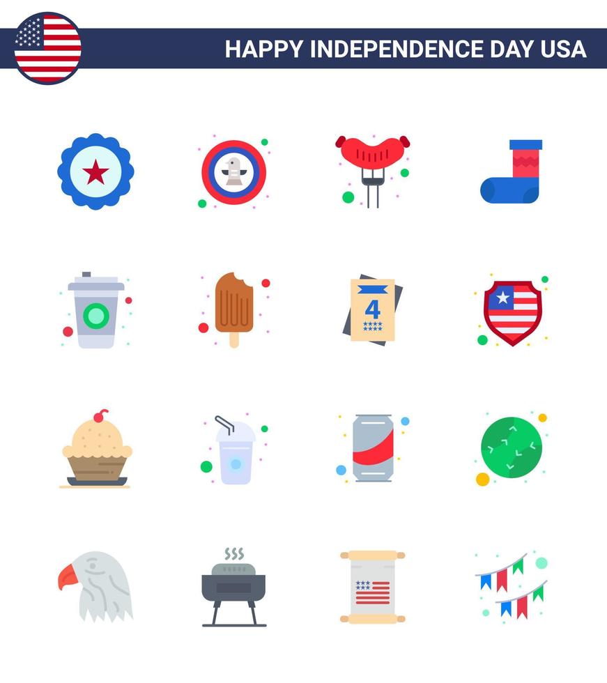 grupo de 16 pisos establecidos para el día de la independencia de los estados unidos de américa, como la celebración de la festividad de la insignia de regalo de cola, elementos de diseño vectorial del día de estados unidos editables vector