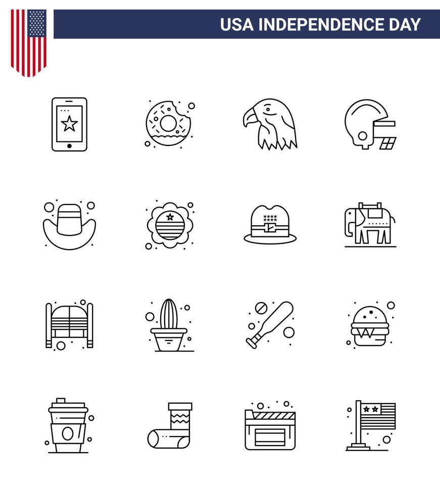 paquete de 16 líneas creativas relacionadas con el día de la independencia de estados unidos de sombrero casco animal americano elementos de diseño de vector de día de estados unidos editables estadounidenses