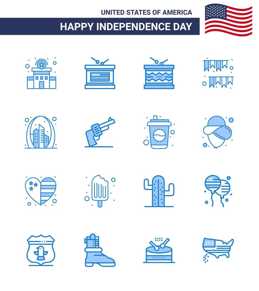 Big Pack of 16 USA Happy Independence Day USA Vector Blues and Editable Symbols of party buntings drum garland st Editable USA Day Vector Design Elements