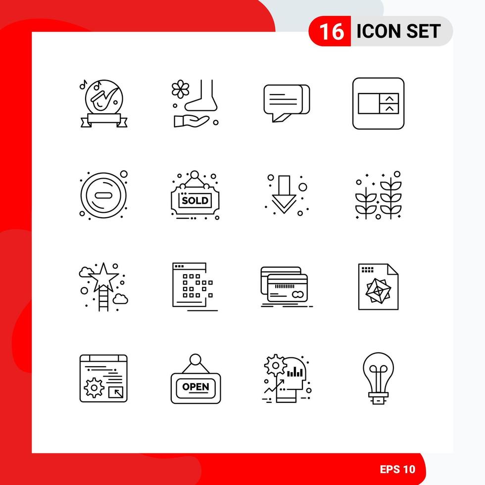 16 User Interface Outline Pack of modern Signs and Symbols of minus wireframe spa select box message Editable Vector Design Elements