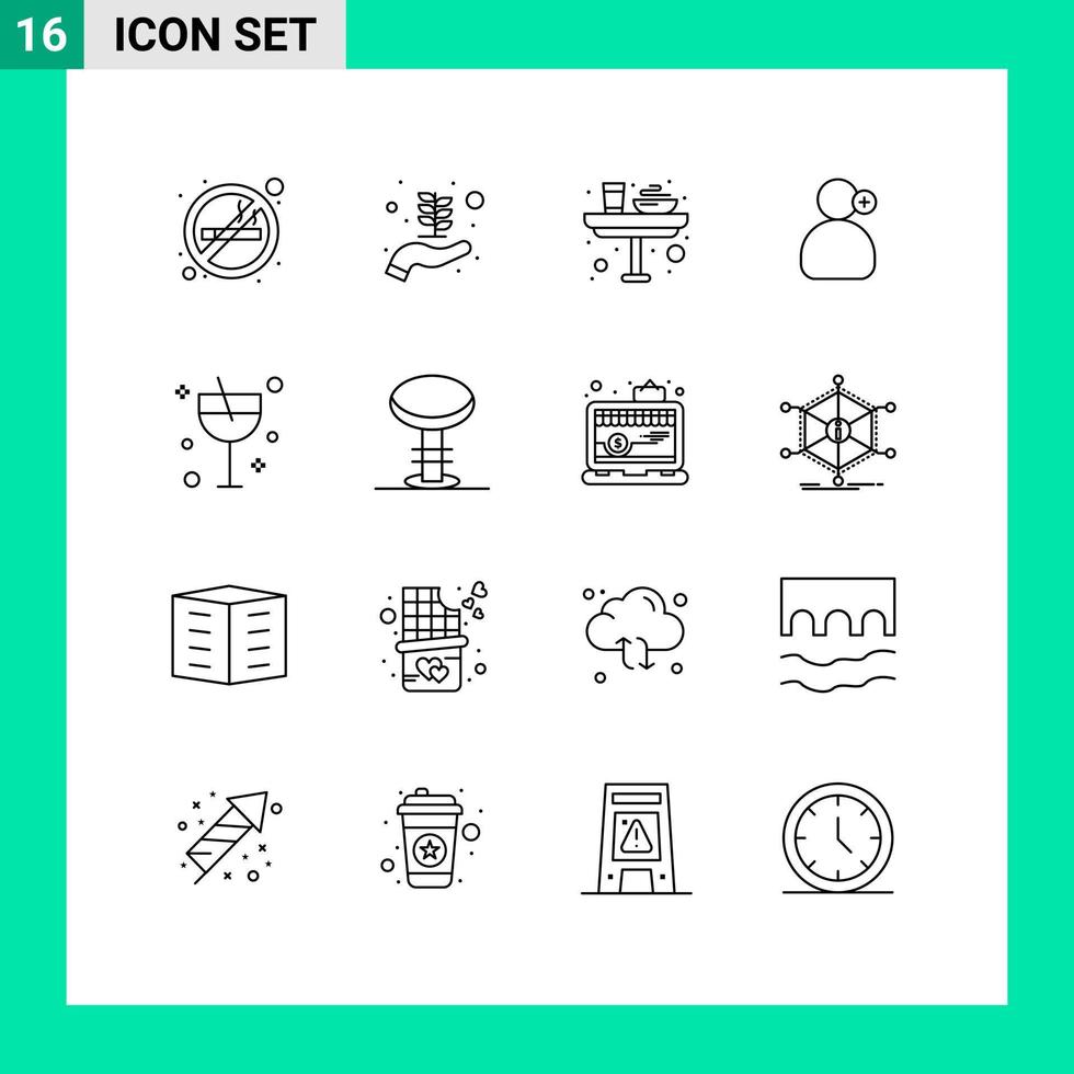 Stock Vector Icon Pack of 16 Line Signs and Symbols for cocktail medical dinner working man Editable Vector Design Elements