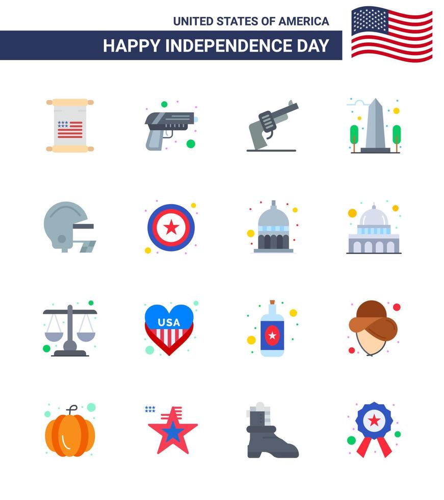 Happy Independence Day 4th July Set of 16 Flats American Pictograph of american usa gun sight landmark Editable USA Day Vector Design Elements