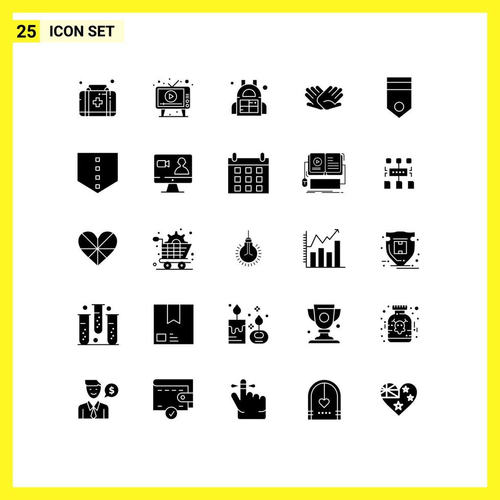 Set of 25 Commercial Solid Glyphs pack for badge relations bag helping hands Editable Vector Design Elements