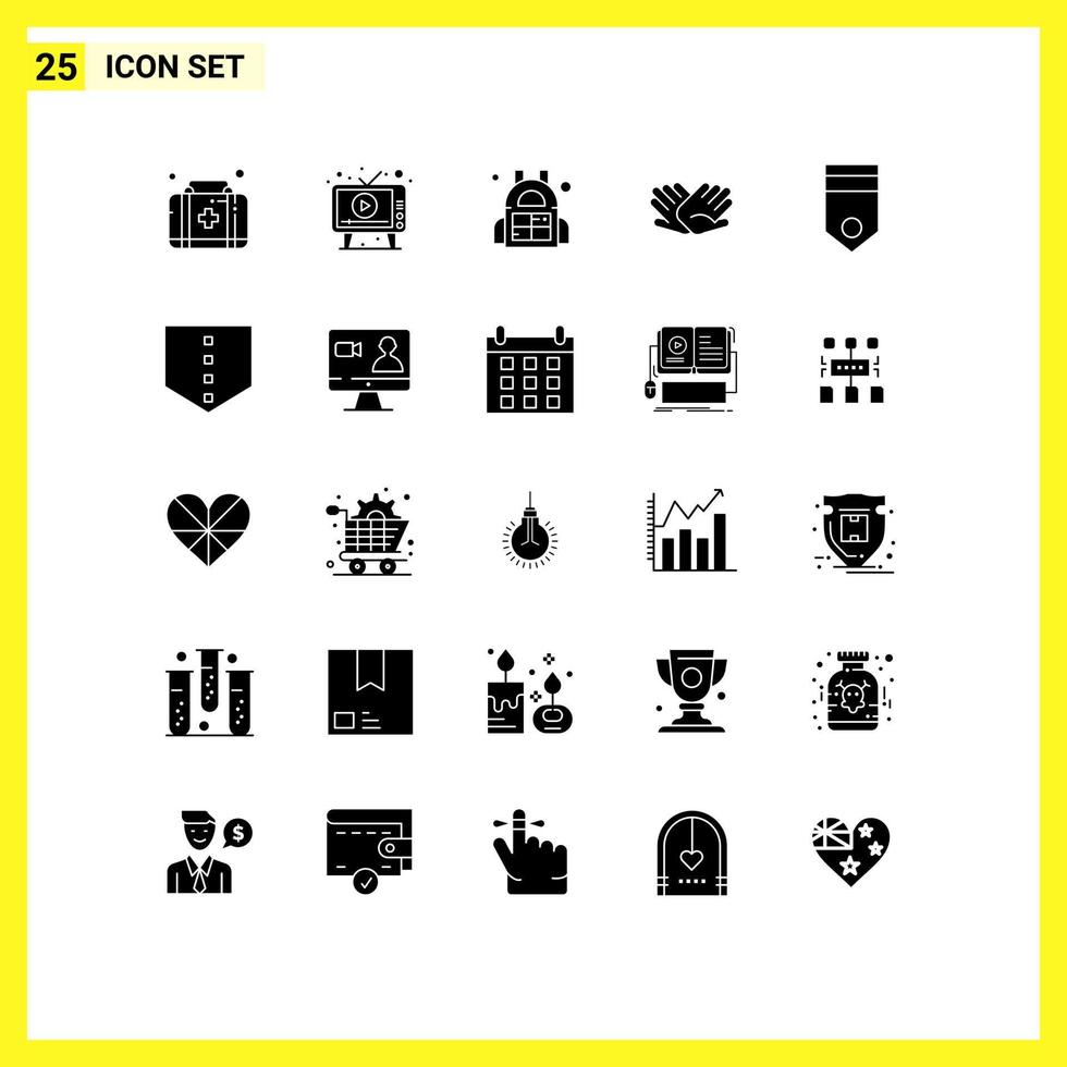 conjunto de 25 paquetes de glifos sólidos comerciales para bolsas de relaciones de insignias que ayudan a manos elementos de diseño vectorial editables vector