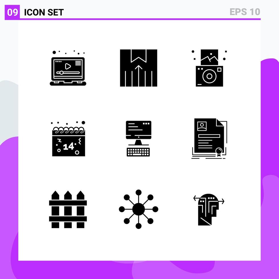 Pack of 9 creative Solid Glyphs of monitor computer camera valentines date Editable Vector Design Elements