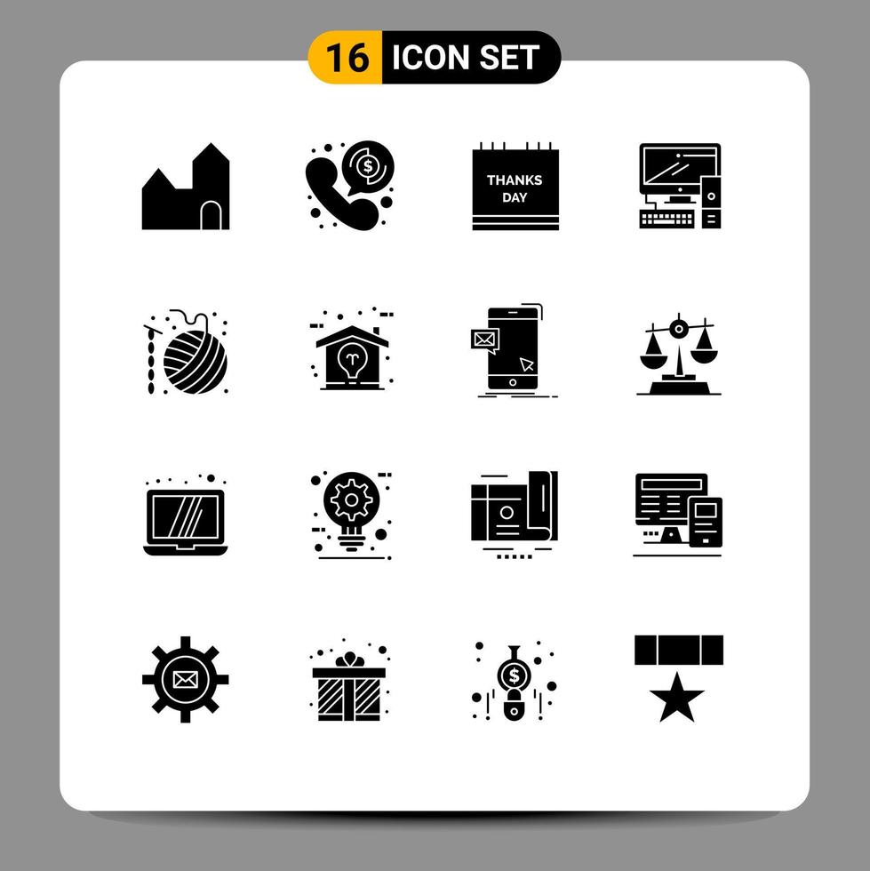 paquete de 16 signos y símbolos de glifos sólidos modernos para medios de impresión web, como equipos de calendario de oficina de bolas, elementos de diseño de vectores editables de acción de gracias