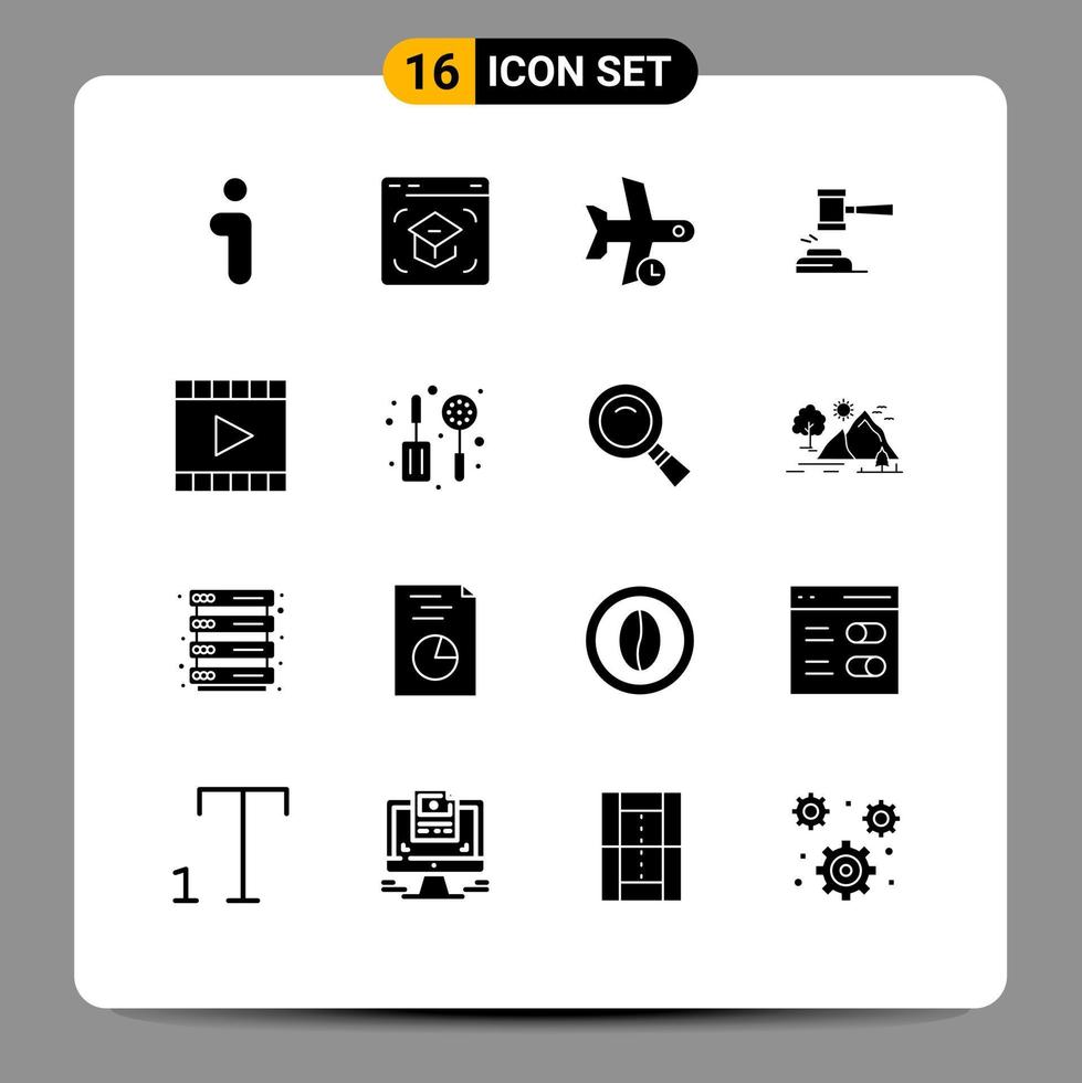 Solid Glyph Pack of 16 Universal Symbols of gavel auction school action transport Editable Vector Design Elements