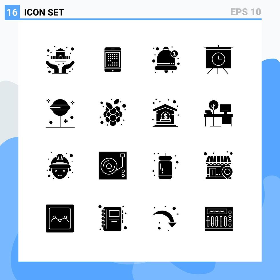 conjunto moderno de 16 glifos y símbolos sólidos, como elementos de diseño de vectores editables de notificación de tablero de ipad de presentación perfecta
