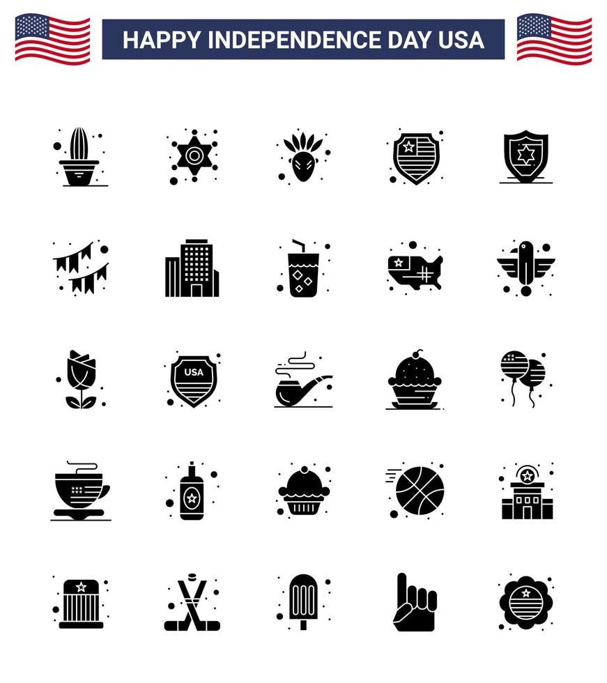 conjunto de 25 glifos sólidos vectoriales el 4 de julio, día de la independencia de estados unidos, como empavesados de fiesta, protección americana americana, elementos de diseño vectorial editables del día de estados unidos vector