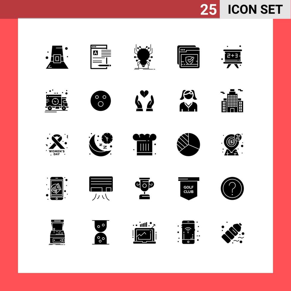 Pack of 25 Modern Solid Glyphs Signs and Symbols for Web Print Media such as web mark report check virus Editable Vector Design Elements