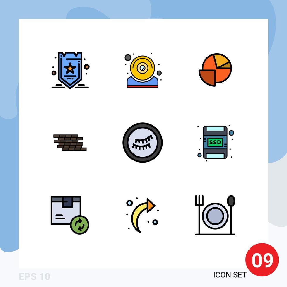 Mobile Interface Filledline Flat Color Set of 9 Pictograms of eye brick analytics wall firewall Editable Vector Design Elements