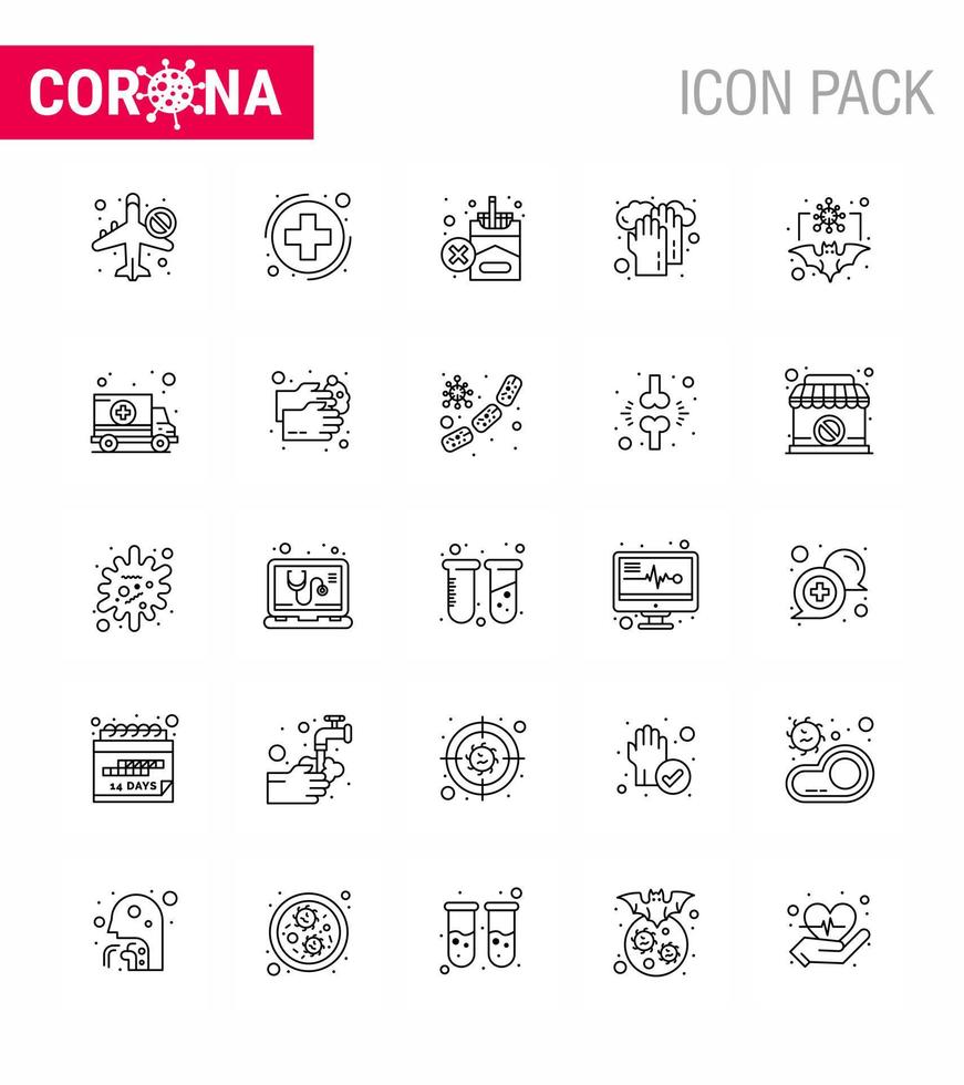 Coronavirus Prevention 25 icon Set Blue bat medical sign hands cigarette viral coronavirus 2019nov disease Vector Design Elements