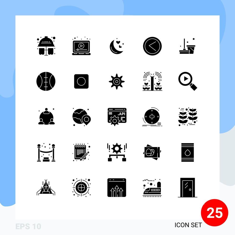 Mobile Interface Solid Glyph Set of 25 Pictograms of broom left video interface romantic night Editable Vector Design Elements