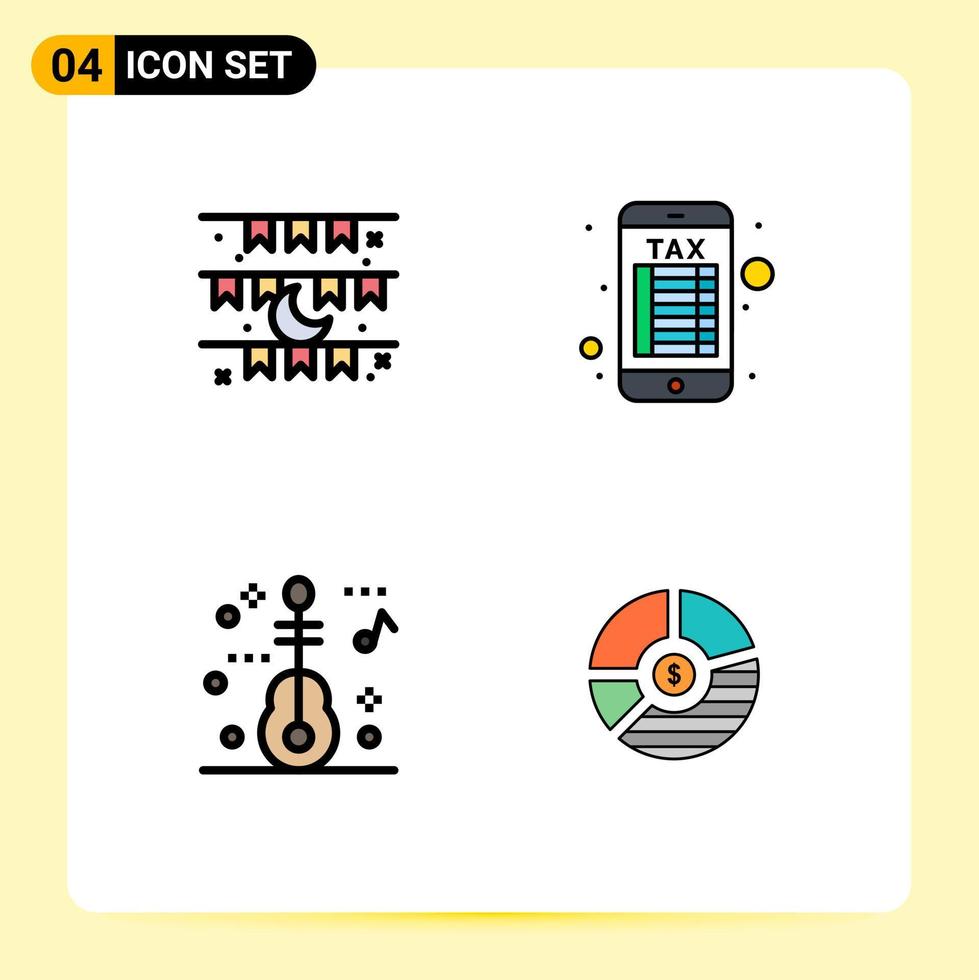 Set of 4 Vector Filledline Flat Colors on Grid for moon music decoration online banking chart Editable Vector Design Elements