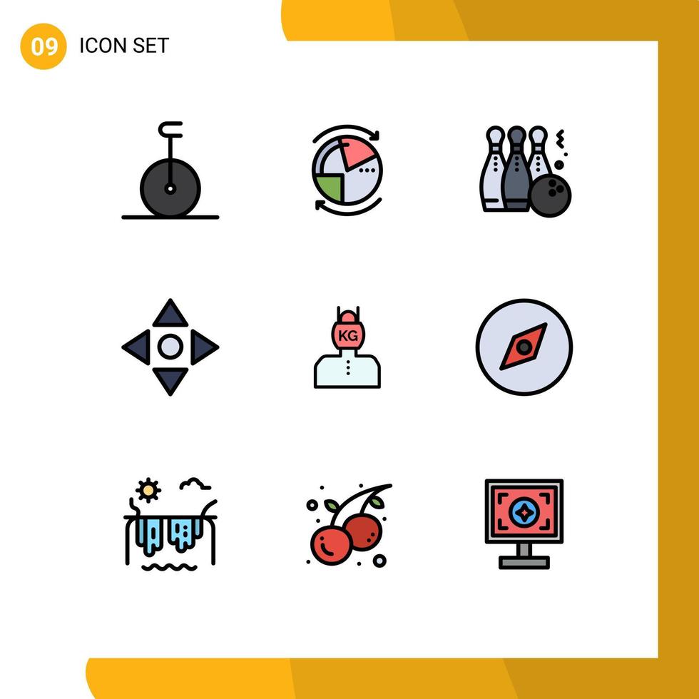 Group of 9 Filledline Flat Colors Signs and Symbols for life navigate bowling move play Editable Vector Design Elements