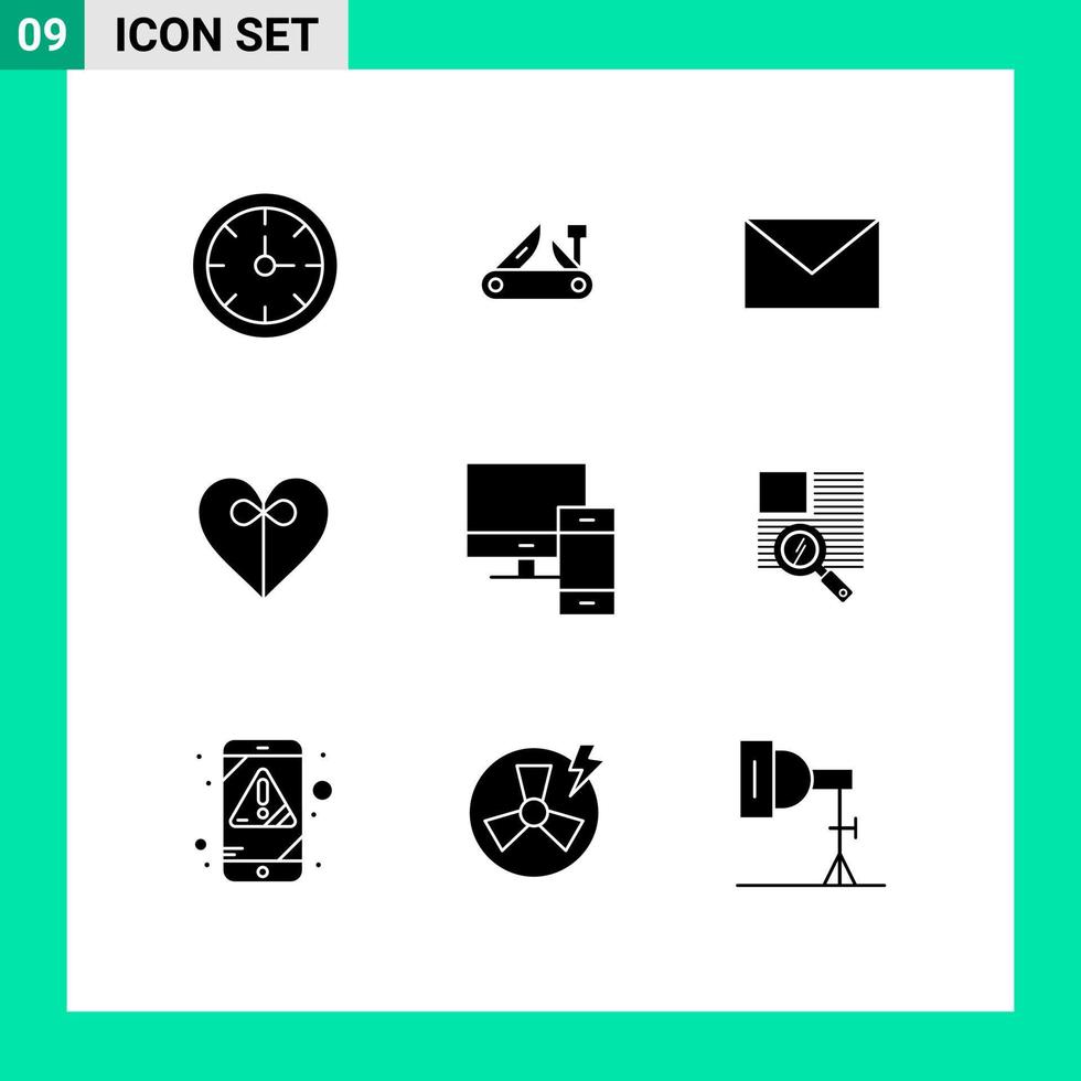 Modern Set of 9 Solid Glyphs Pictograph of mac computer swiss ribbon heart Editable Vector Design Elements