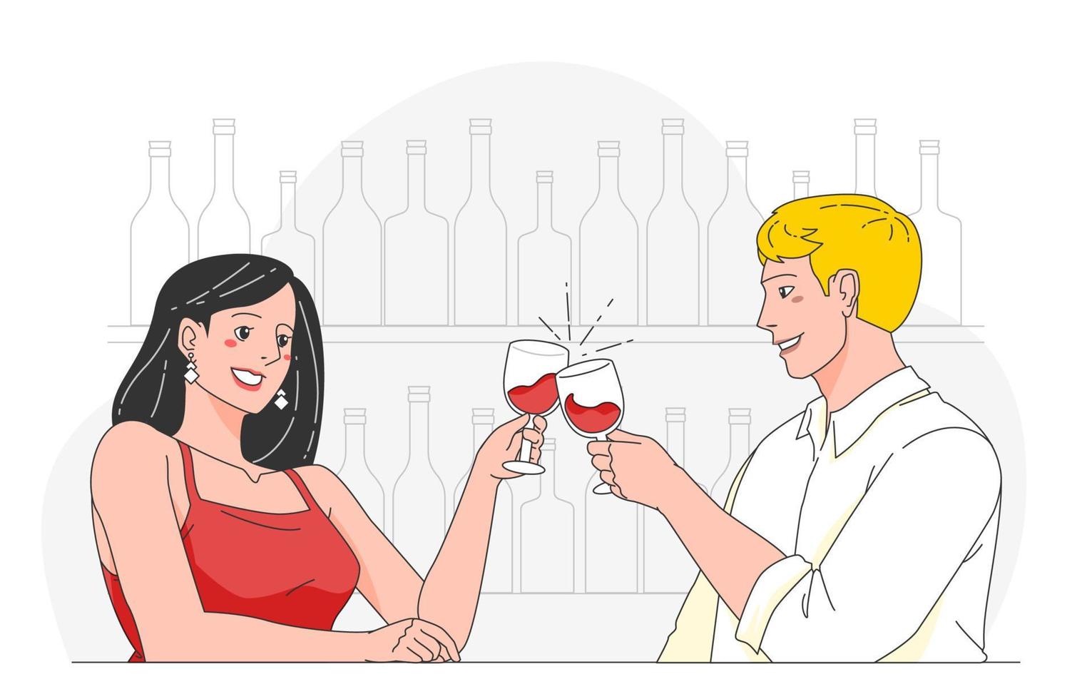 una pareja celebra su aniversario con un brindis especial con vino vector