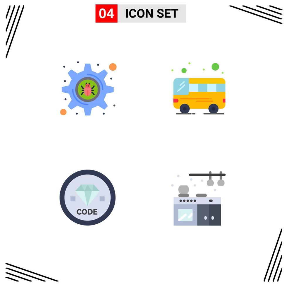 4 Universal Flat Icons Set for Web and Mobile Applications cyber crime development bus code home Editable Vector Design Elements