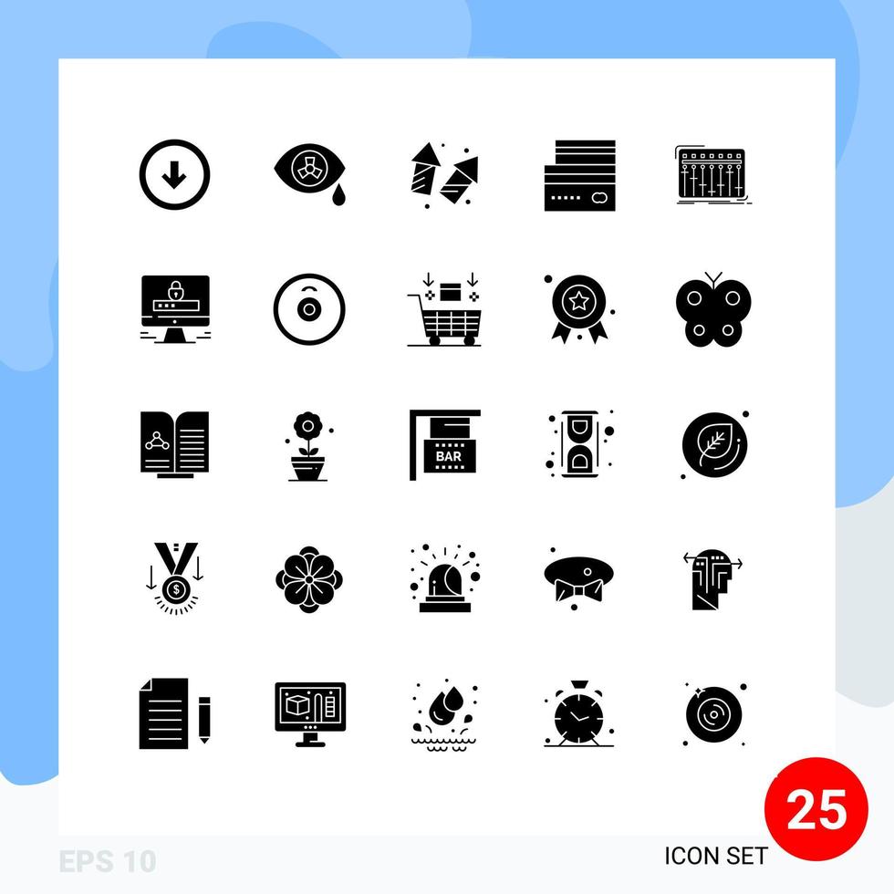 Set of 25 Vector Solid Glyphs on Grid for money credit celebrate card fireworks Editable Vector Design Elements