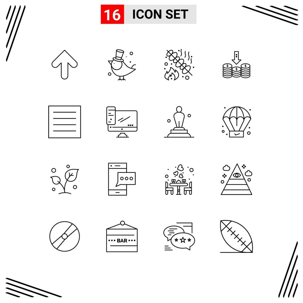 Set of 16 Modern UI Icons Symbols Signs for care down barbeque money coins Editable Vector Design Elements