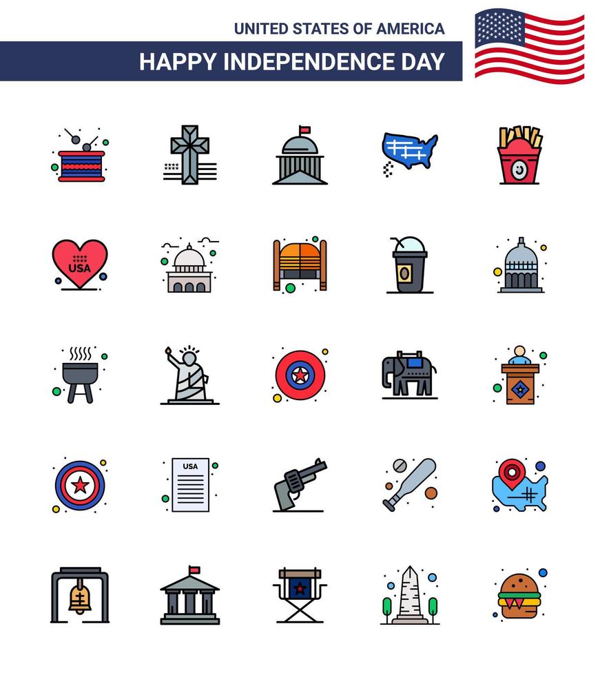 Happy Independence Day USA Pack of 25 Creative Flat Filled Lines of frise united city states irish Editable USA Day Vector Design Elements