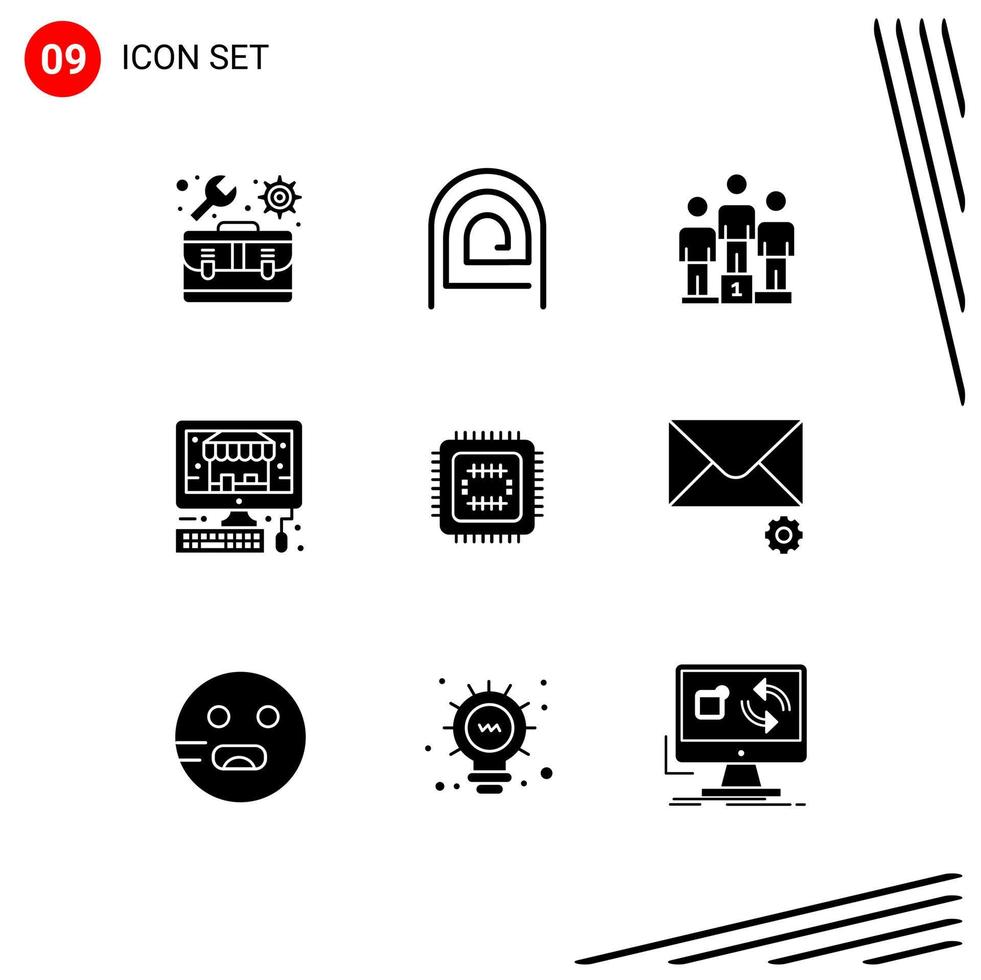 Mobile Interface Solid Glyph Set of 9 Pictograms of tech shop reader pc winners Editable Vector Design Elements