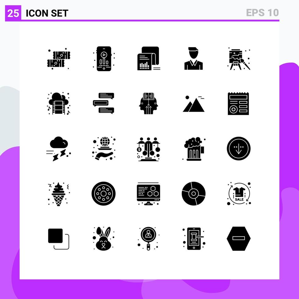 25 Thematic Vector Solid Glyphs and Editable Symbols of easel person data man account Editable Vector Design Elements