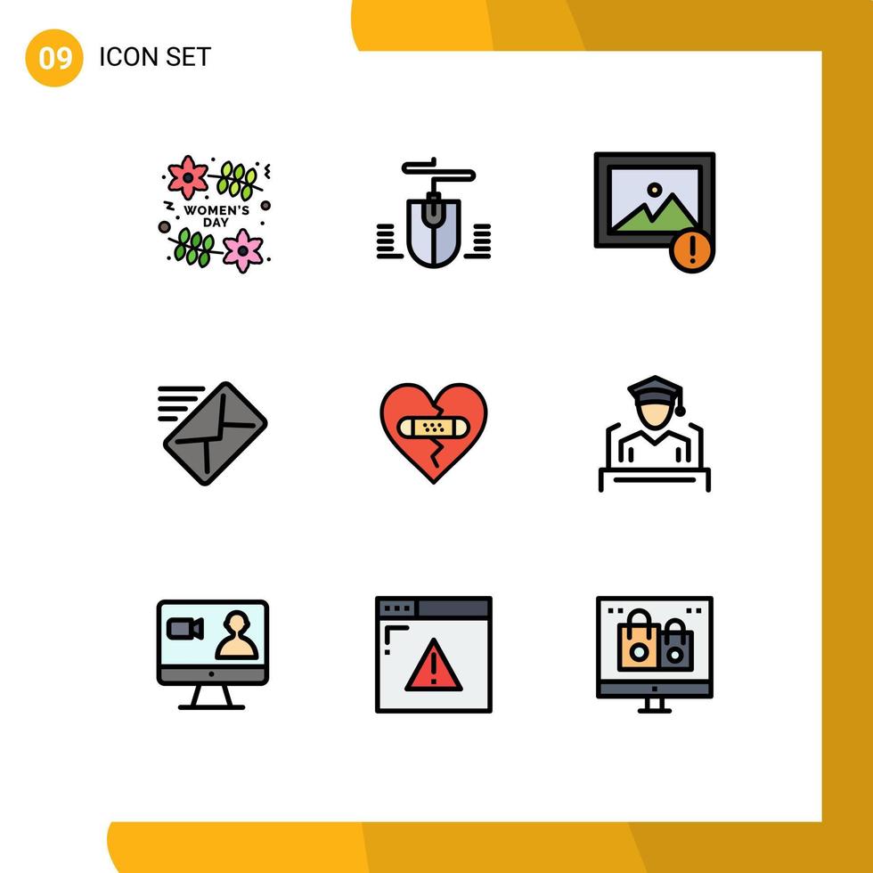 Set of 9 Modern UI Icons Symbols Signs for heart emotions image broken message Editable Vector Design Elements