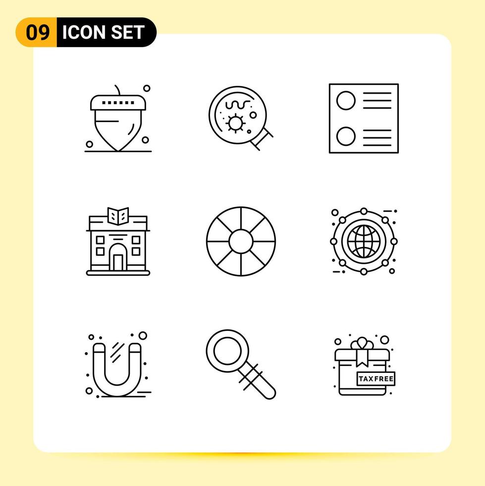 Editable Vector Line Pack of 9 Simple Outlines of box globe radio button wheel holiday Editable Vector Design Elements
