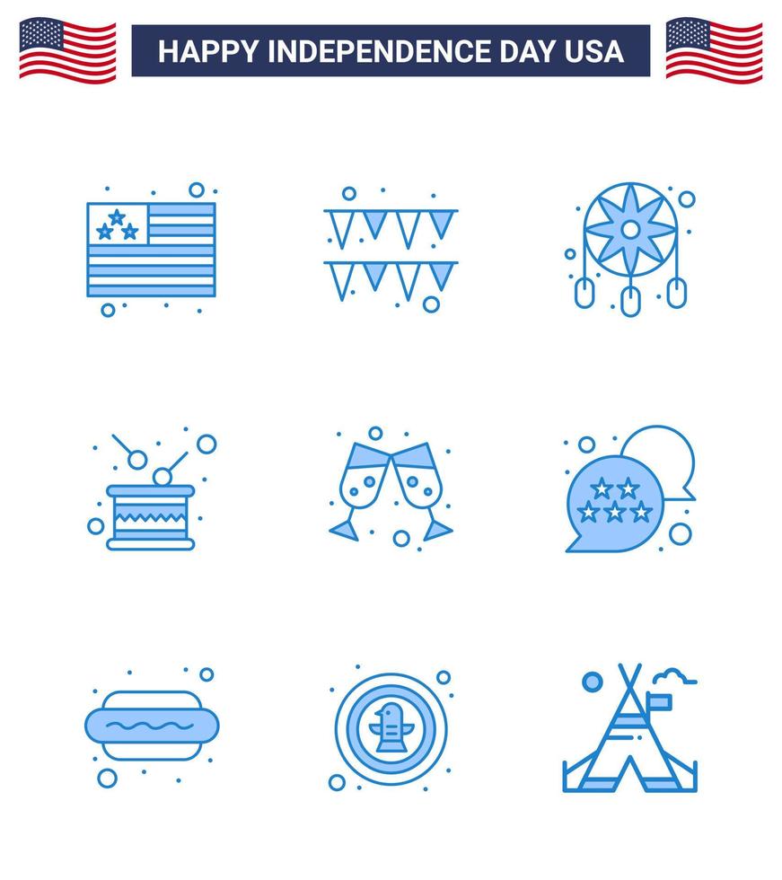 Editable Vector Line Pack of USA Day 9 Simple Blues of wine glass beer dream catcher independence holiday Editable USA Day Vector Design Elements