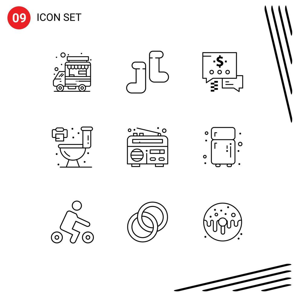 conjunto moderno de 9 contornos y símbolos tales como elementos de diseño de vectores editables de frecuencia de radio de dólar electrónico de refrigerador