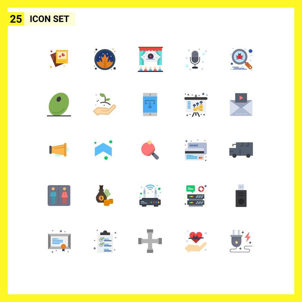 Modern Set of 25 Flat Colors and symbols such as secure scan cinema bug recording Editable Vector Design Elements
