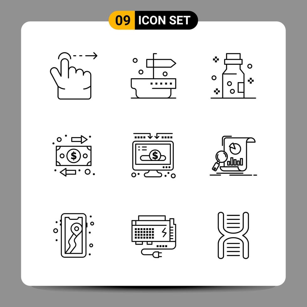 9 Black Icon Pack Outline Symbols Signs for Responsive designs on white background 9 Icons Set vector