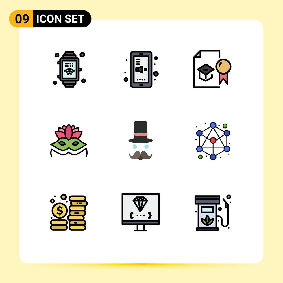 Stock Vector Icon Pack of 9 Line Signs and Symbols for movember moustache diploma eye mask carnival mask Editable Vector Design Elements