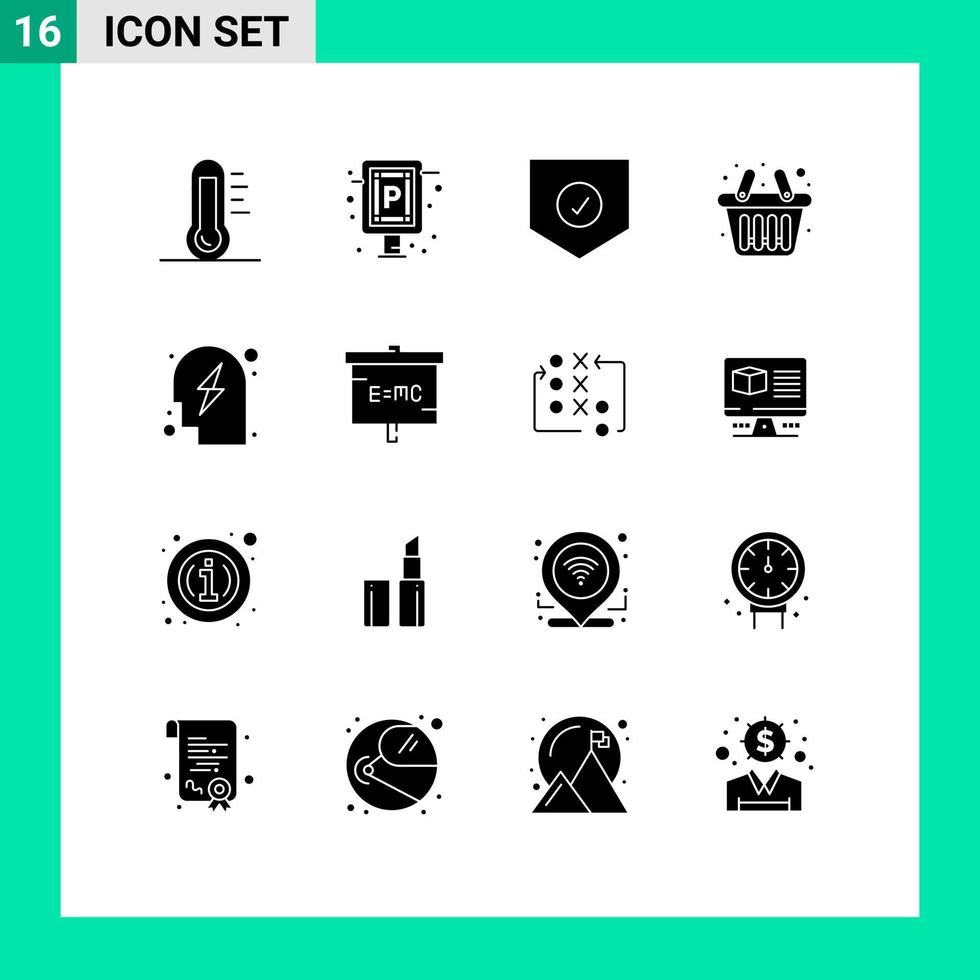 Universal Icon Symbols Group of 16 Modern Solid Glyphs of planning shopping board cart shield Editable Vector Design Elements