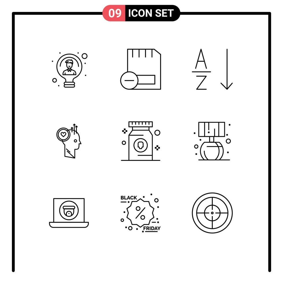 Mobile Interface Outline Set of 9 Pictograms of idea staff hardware like sort Editable Vector Design Elements