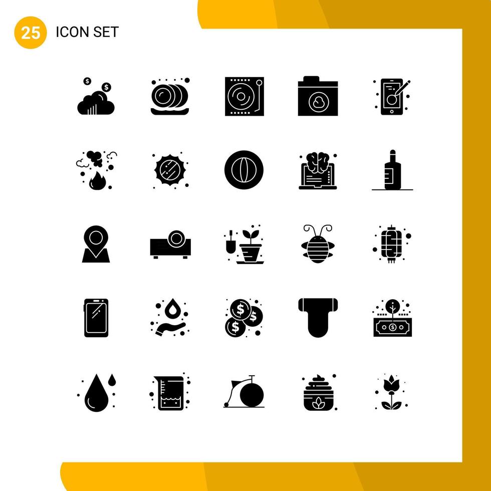 25 Thematic Vector Solid Glyphs and Editable Symbols of mobile design music creativity folder Editable Vector Design Elements