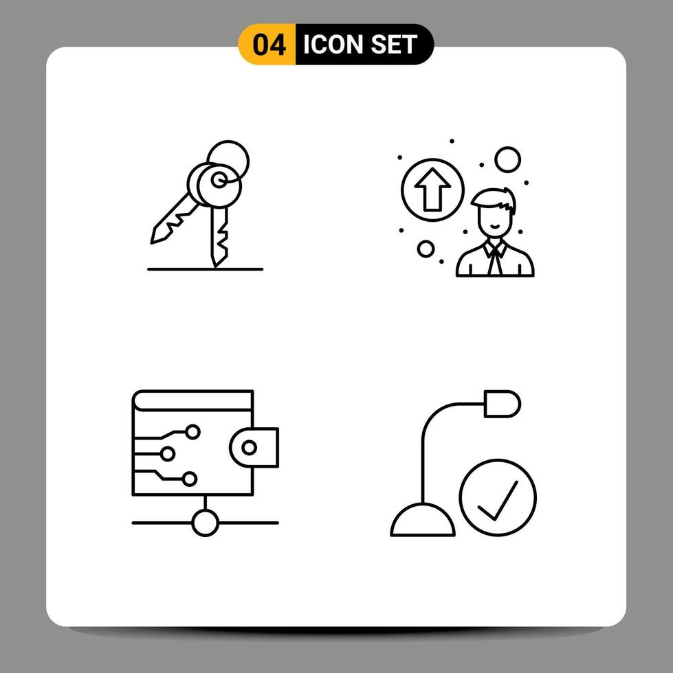 Mobile Interface Line Set of 4 Pictograms of key wallet room promotion concept connected Editable Vector Design Elements