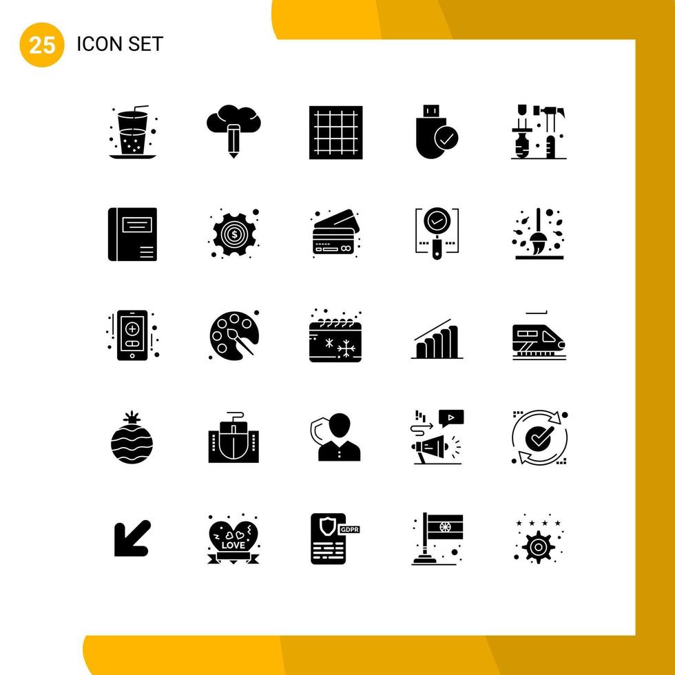 Universal Icon Symbols Group of 25 Modern Solid Glyphs of construction hardware graph devices computers Editable Vector Design Elements