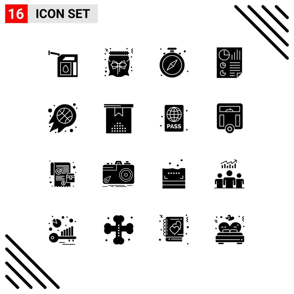 Set of 16 Commercial Solid Glyphs pack for ball page pause document bars Editable Vector Design Elements