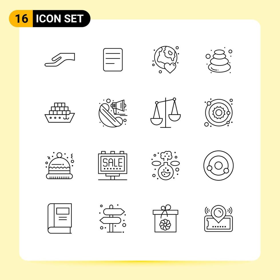 paquete de 16 signos y símbolos de contornos modernos para medios de impresión web, como elementos de diseño de vectores editables de masaje de spa del mundo de piedra de barco