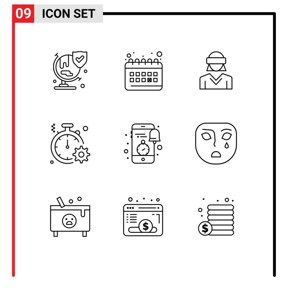 Set of 9 Modern UI Icons Symbols Signs for gear fast glasses clock woman Editable Vector Design Elements